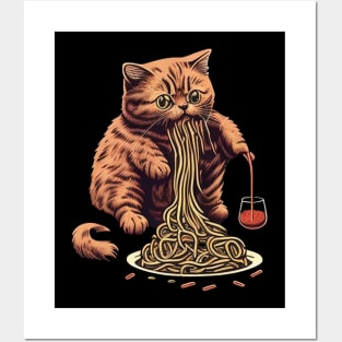 CAT EATING SPAGUETTI Posters and Art